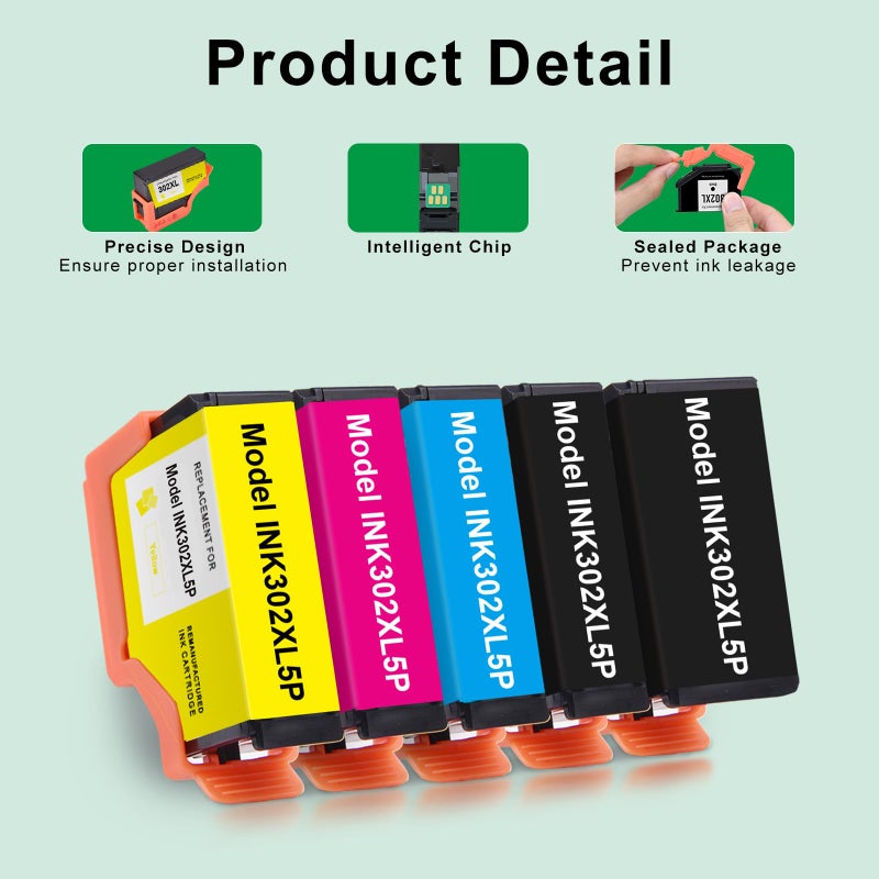 SAILNER Remanufactured Replacement for Epson 302 302XL Ink Cartridges Multipack Ink 302 XL T302XL Use for Epson XP-6100 XP6100 XP 6100 XP-6000 XP6000 Printer Ink Cartridge (BK/PBK/C/M/Y, 5-Pack) - Image 5